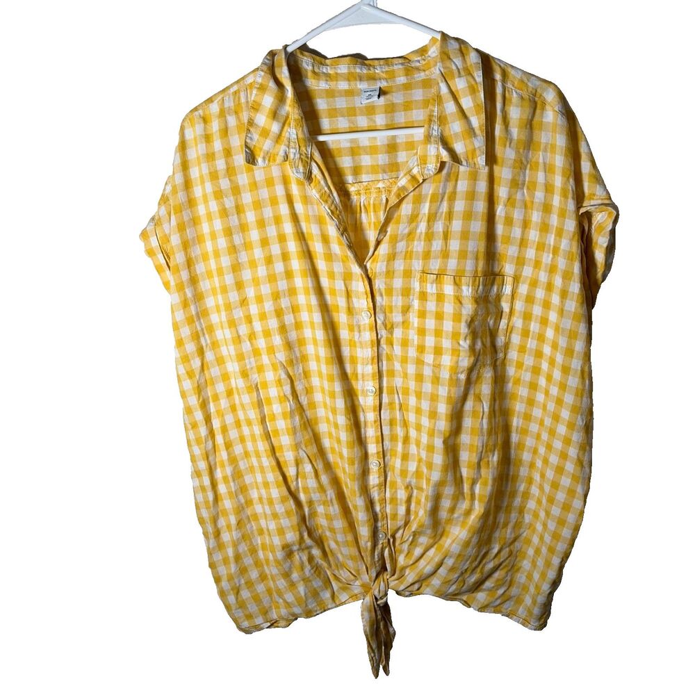 Old Navy Blouse Women's 2X Yellow Gingham V-Neck Button Up Tie Casual Top